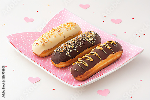  luxe chocolate aclairs with heart-shaped tray and cute napkins photo