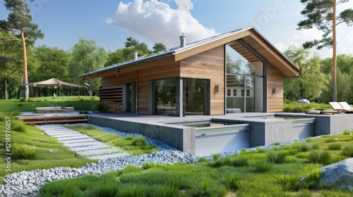 Modern wooden house with swimming pool on the background of green garden. Great for websites about real estate, interior design and landscape design.