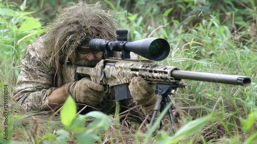 A soldier in camouflage aims a sniper rifle while lying in grass. photo