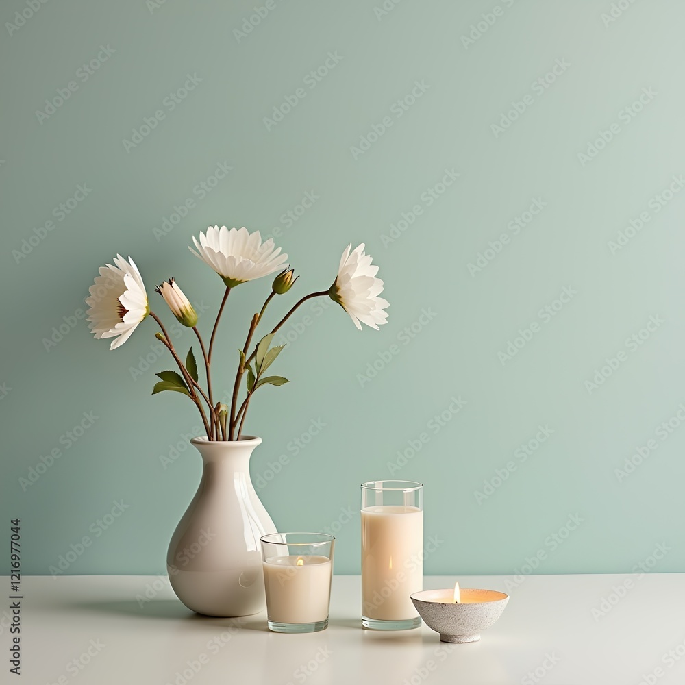 Minimal Aesthetic Still Life with White Daisies in Vase and Fresh Milk Glass against Mint Green Wall, Modern Food Photography Minimal Aesthetic Still Life with White Daisies in Vase and Fresh Milk Glass against Mint Green Wall, Modern Food Photography