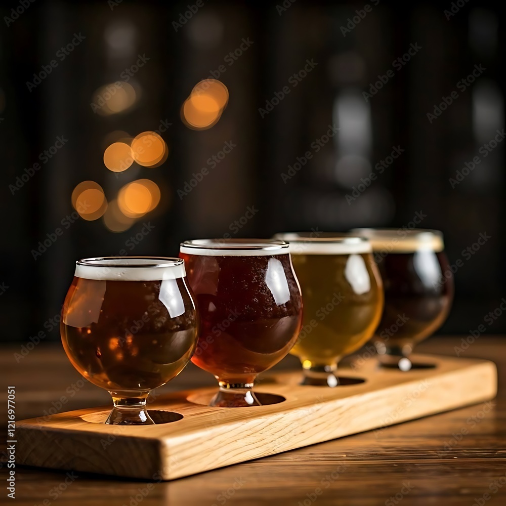 A flight of Craft Beers in small glasses on a wooden board, Ai Generated A flight of Craft Beers in small glasses on a wooden board, Ai Generated