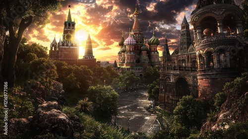 Sunset over Kremlin, Moscow River, fantasy landscape