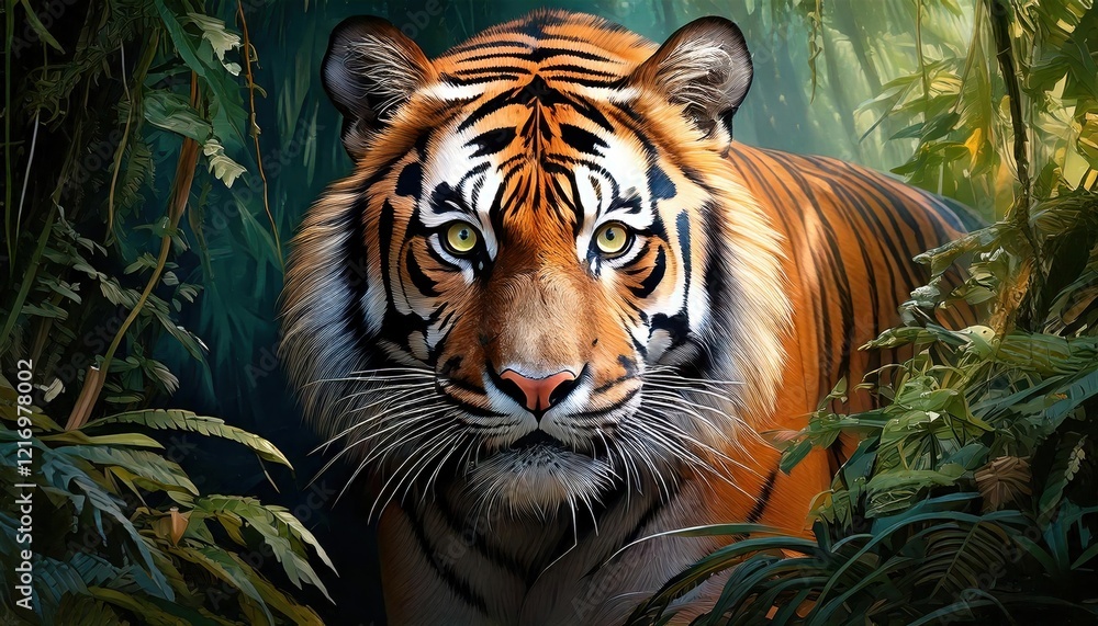 Painting, A vibrant image of a tiger stealthily emerging from a lush jungle, capturing its majestic presence and high fidelity. Painting, A vibrant image of a tiger stealthily emerging from a lush jungle, capturing its majestic presence and high fidelity.