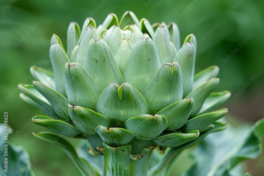 Artichoke plant with tightly packed leaves growing on a farm Artichoke plant with tightly packed leaves growing on a farm