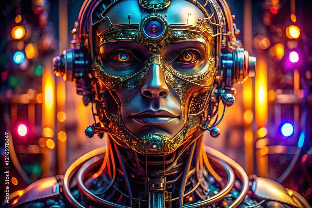 Macro Close-up of a Futuristic AI Robotic Head, Circuitry and Mechanical Details Macro Close-up of a Futuristic AI Robotic Head, Circuitry and Mechanical Details