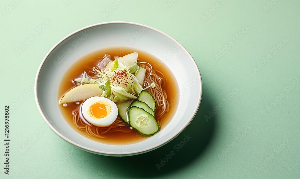 Cold buckwheat noodles served in light broth with fresh vegetables for summer enjoyment Cold buckwheat noodles served in light broth with fresh vegetables for summer enjoyment