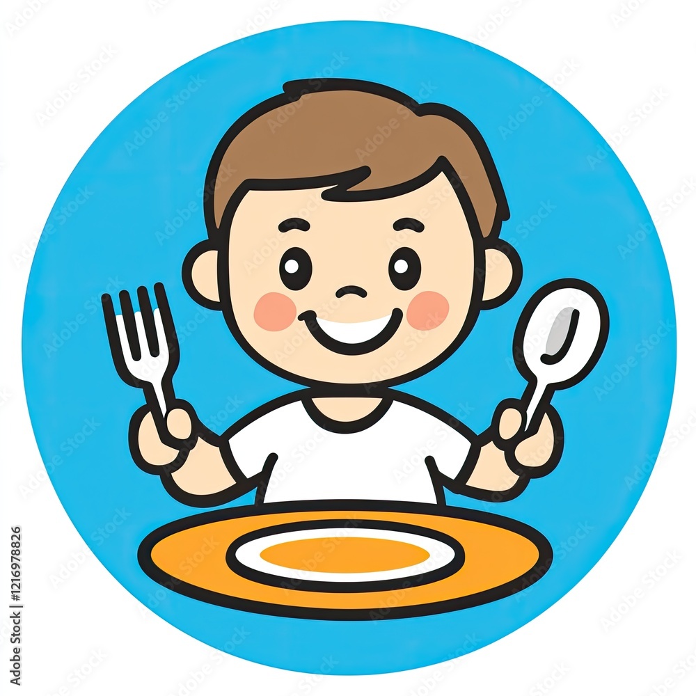 Happy Child Enjoying Meal: Cheerful Cartoon Illustration Happy Child Enjoying Meal: Cheerful Cartoon Illustration