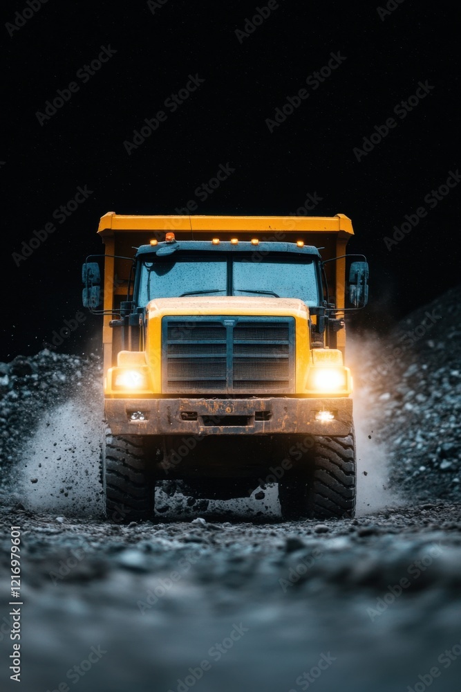 A large yellow quarry dump truck drives through a coal mine at night, headlights piercing the darkness and gravel flying from its tires. A large yellow quarry dump truck drives through a coal mine at night, headlights piercing the darkness and gravel flying from its tires.