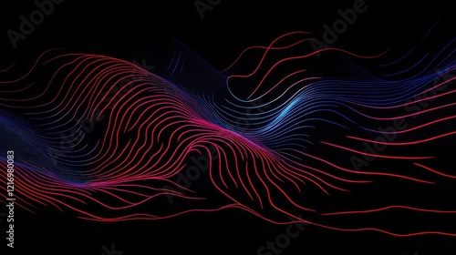 Abstract black background with thin red and blue lines creating wavy patterns photo