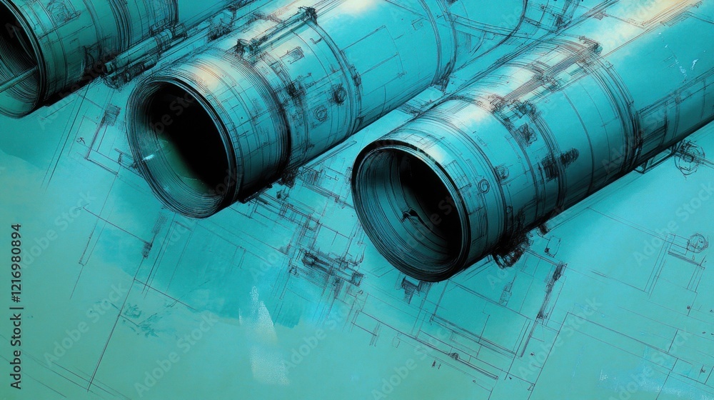 A detailed illustration of three jet engine nozzles with a blue-green background. A detailed illustration of three jet engine nozzles with a blue-green background.