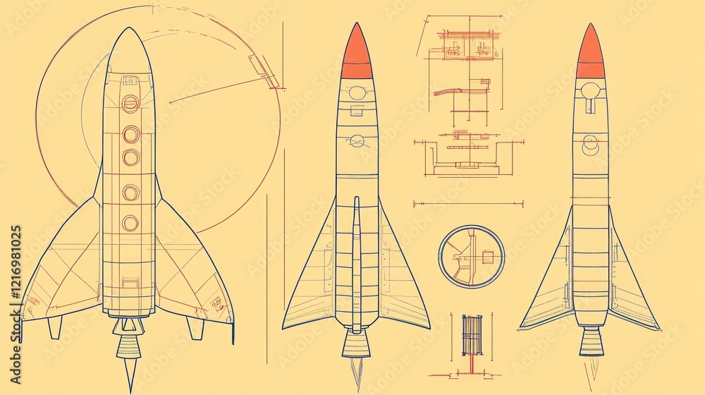 Technical blueprint of a rocket showcasing design and structure. Technical blueprint of a rocket showcasing design and structure.