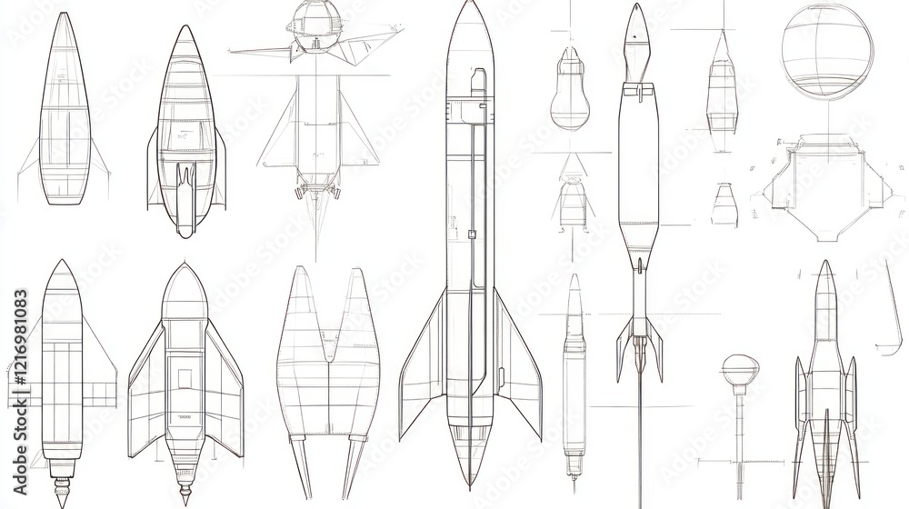 Technical drawings of various rocket designs and concepts for aerospace engineering. Technical drawings of various rocket designs and concepts for aerospace engineering.