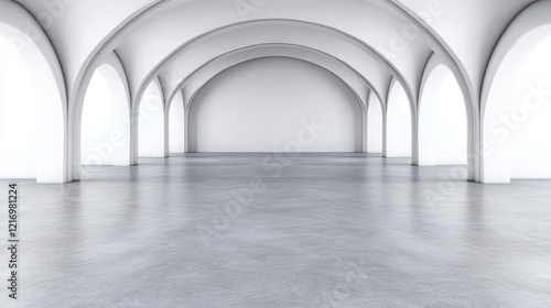 Spacious room with smooth concrete floor and elegant arched architecture.
