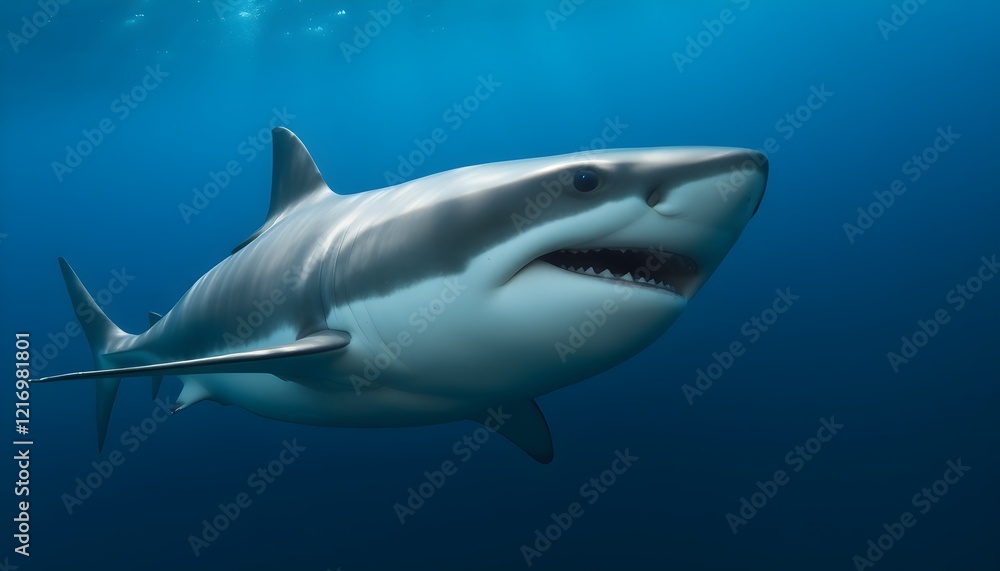 Naklejka premium A close-up of a great white shark swimming gracefully underwater, with sunlight filtering through the water, showcasing its powerful body and sharp teeth. The deep blue ocean background enhances the m