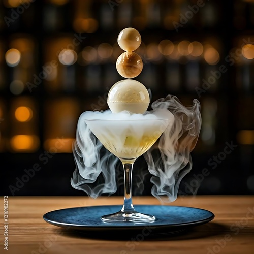 A Molecular Gastronomy Drink with suspended spheres and smoke, Ai Generated photo