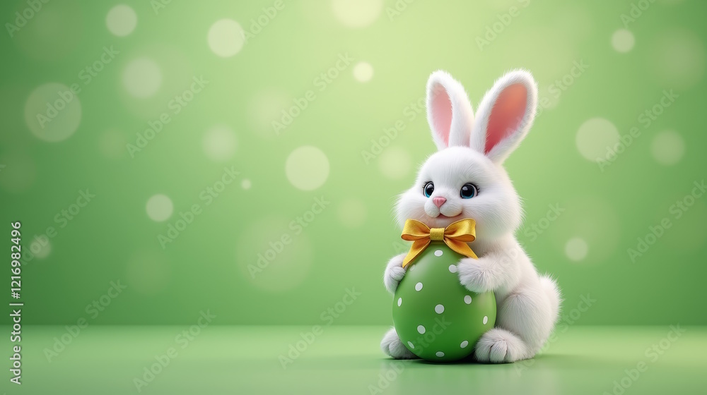 Fototapeta premium Easter bunny with polka dot easter green egg and golden bow on festive green background. Happy Easter greeting card, Holiday banner with free space for text.