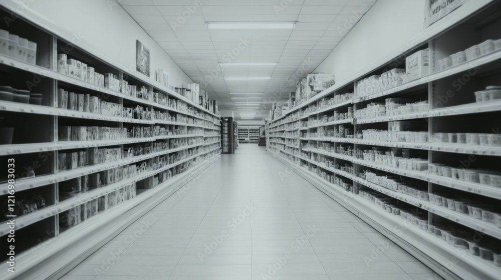 A wide aisle in a grocery store filled with shelves of products, creating a serene shopping atmosphere A wide aisle in a grocery store filled with shelves of products, creating a serene shopping atmosphere
