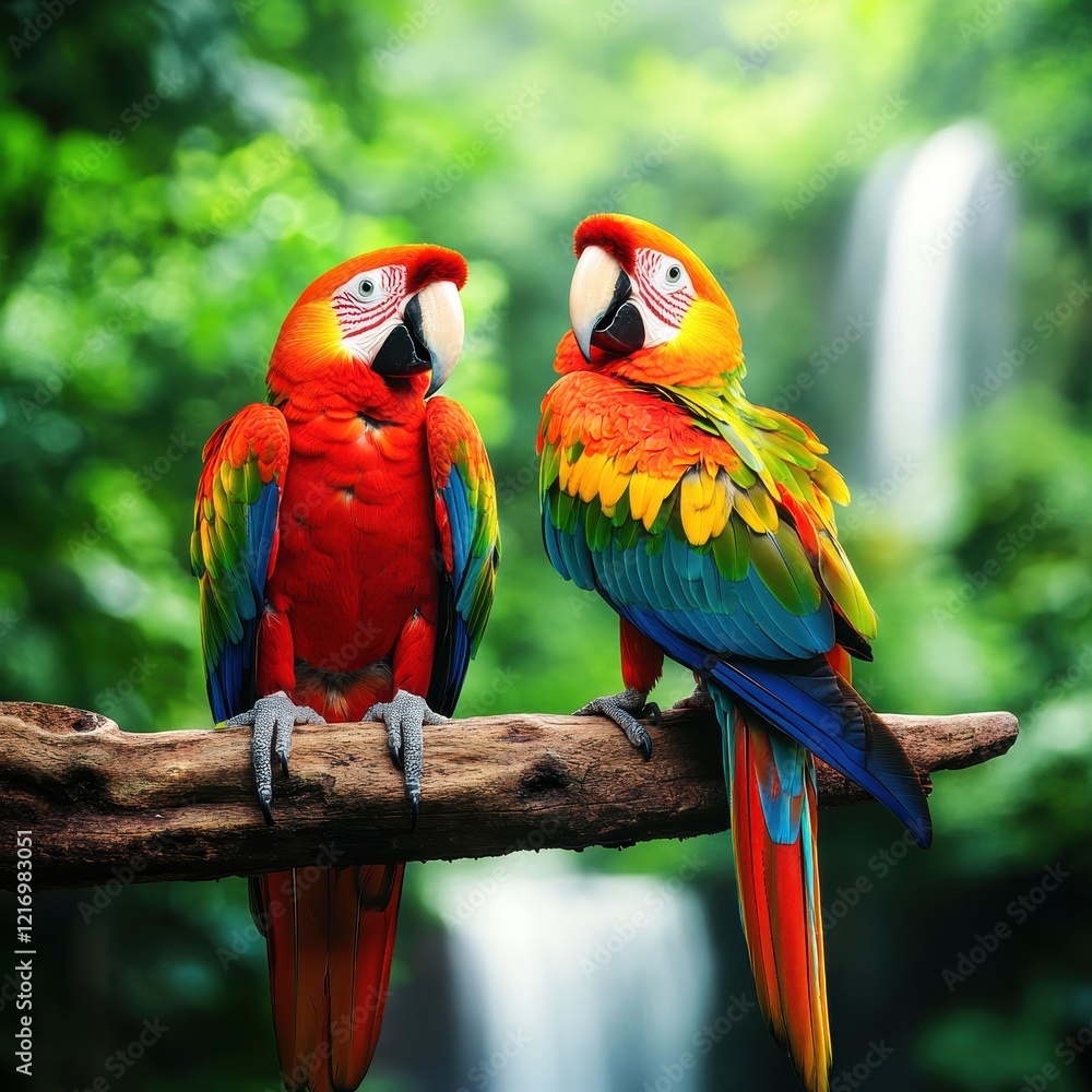 Two vibrant macaws perched on a branch, surrounded by lush greenery and a waterfall in the background, showcasing their colorful plumage. Two vibrant macaws perched on a branch, surrounded by lush greenery and a waterfall in the background, showcasing their colorful plumage.