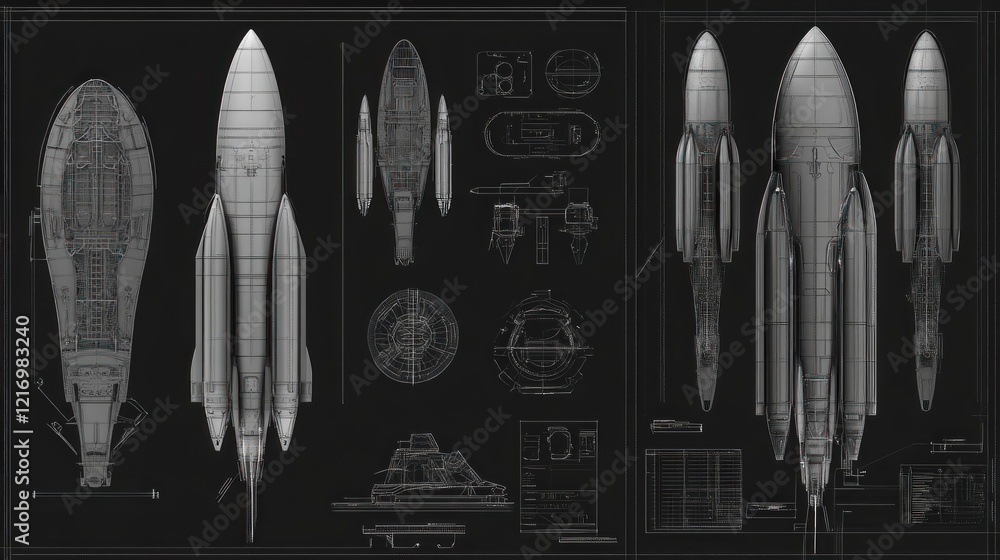 Technical illustration of rocket designs with detailed schematics and measurements. Technical illustration of rocket designs with detailed schematics and measurements.