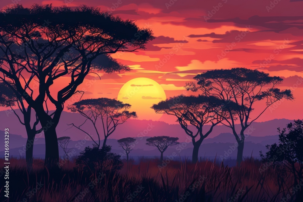 An African safari-esque background, complete with a held sunset and acacia trees, Three giraffe on Kilimanjaro mount background An African safari-esque background, complete with a held sunset and acacia trees, Three giraffe on Kilimanjaro mount background
