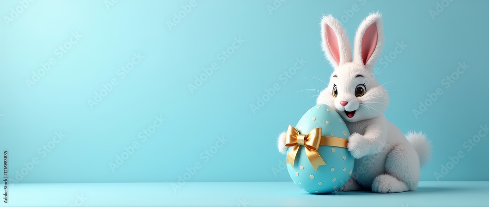 Fototapeta premium Easter white bunny and easter blue egg with white polka dots on blue background. Happy Easter greeting card, Holiday banner with free space for text.