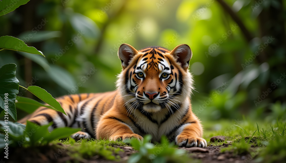 Fototapeta premium Baby Tiger Lounging in a Lush Green Jungle with Dappled Sunlight 