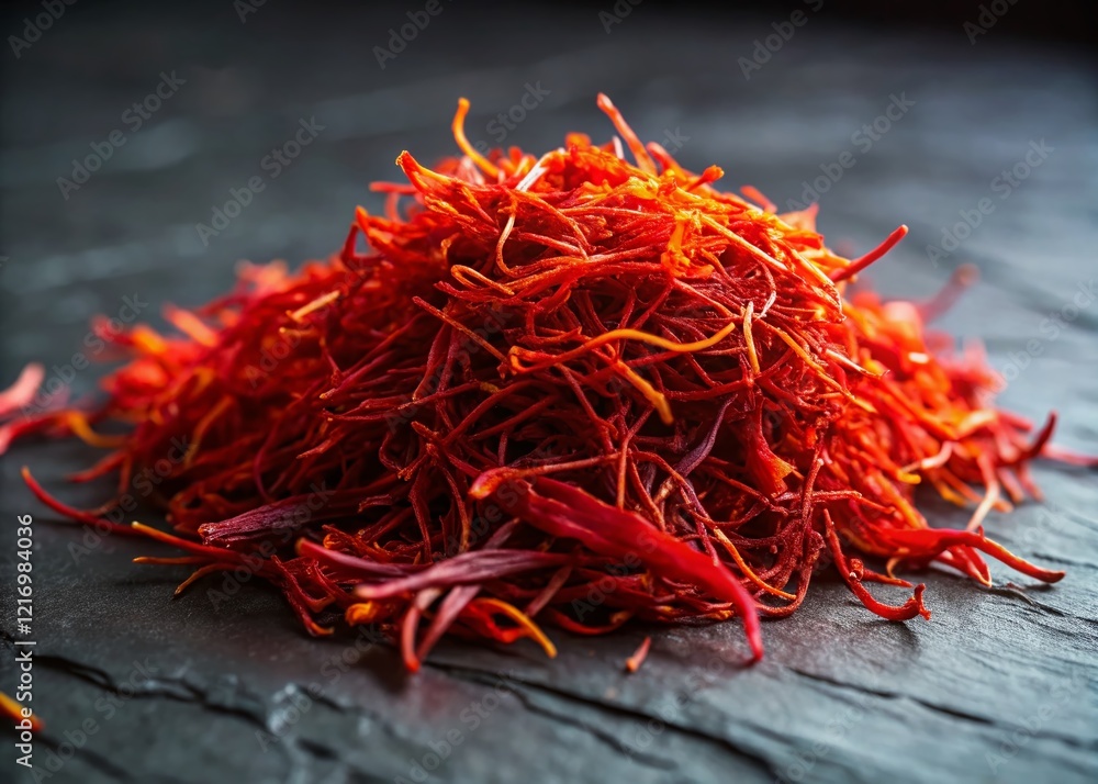 Fototapeta premium Macro Photography: Saffron Crocus Threads on Black Slate - Exquisite Spice Detail