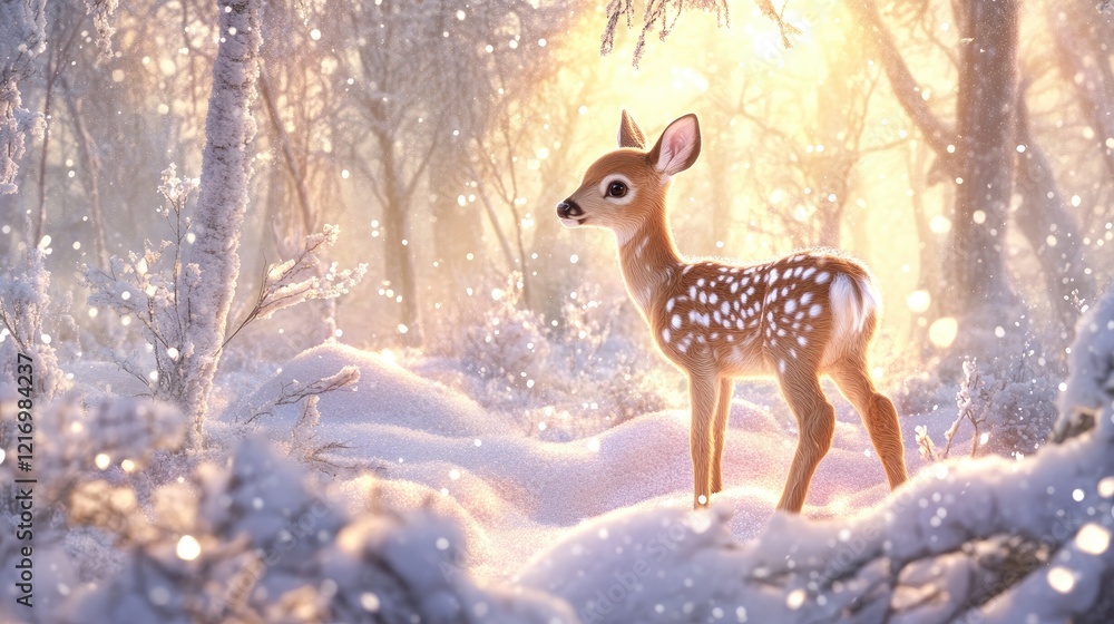 Obraz premium Fawn in Winter Wonderland: A Serene, Snowy Forest Scene