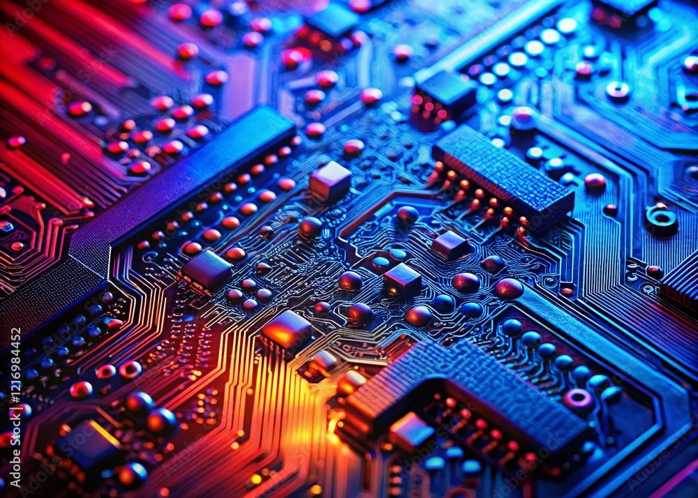 Fototapeta premium Macro Photography: Vibrant Circuit Board, Red & Blue Tech Background