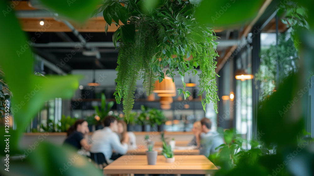 Fototapeta premium vibrant indoor cafe scene featuring lush greenery and people engaged in conversation. atmosphere is lively and inviting, perfect for social gatherings