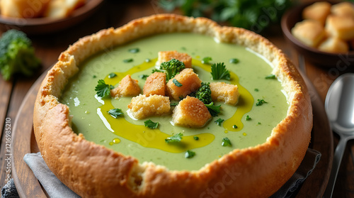 Wallpaper Mural  bright green broccoli cream soup, served in a bread bowl Torontodigital.ca