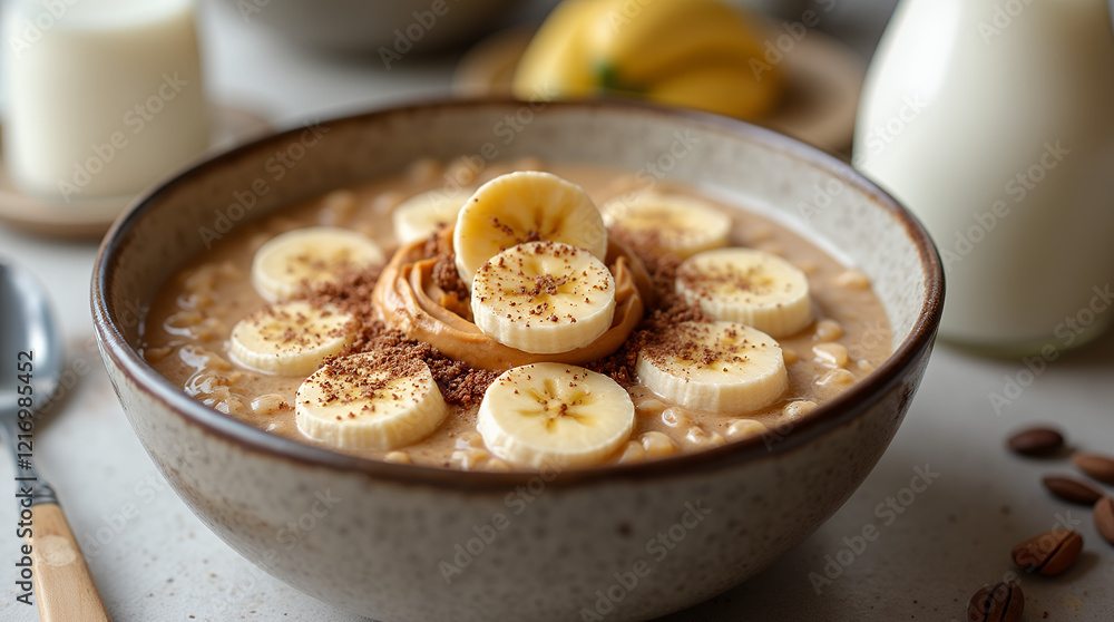 oatmeal bowl with peanut butter, banana slices, and a pinch of cocoa powder oatmeal bowl with peanut butter, banana slices, and a pinch of cocoa powder