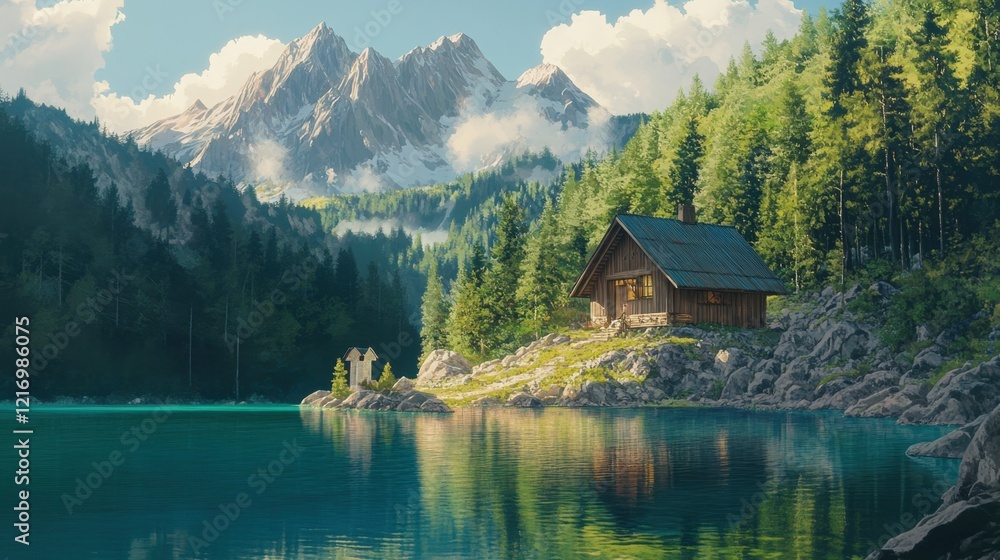 Fototapeta premium Scenic river view with quaint village nestled among lush mountains 