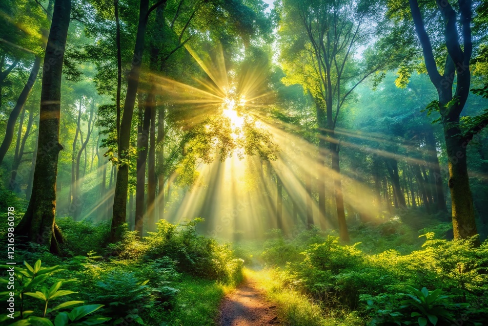Fototapeta premium Magical Forest Sunbeam: Enchanted Woods Bathed in Golden Sunlight