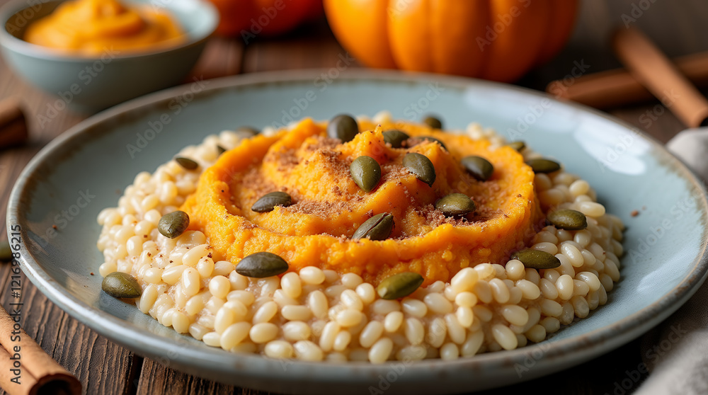 plate of millet porridge with pumpkin puree, topped with roasted pumpkin seeds and a pinch of cinnamon. plate of millet porridge with pumpkin puree, topped with roasted pumpkin seeds and a pinch of cinnamon.