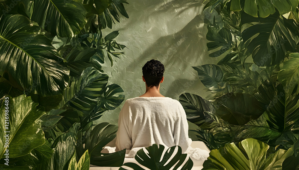 A tranquil spa scene featuring a man in a plush robe surrounded by greenery invites a moment of relaxation and self-care - A tranquil spa scene featuring a man in a plush robe surrounded by greenery invites a moment of relaxation and self-care -