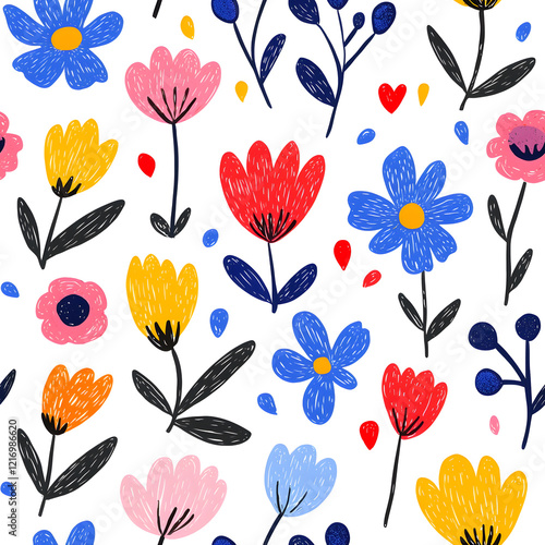 Folk art inspired hand-drawn seamless pattern with flowers, on white background
