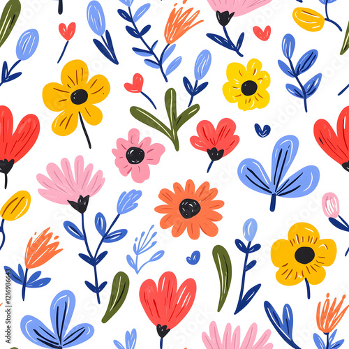 Folk art inspired hand-drawn seamless pattern with flowers, on white background
