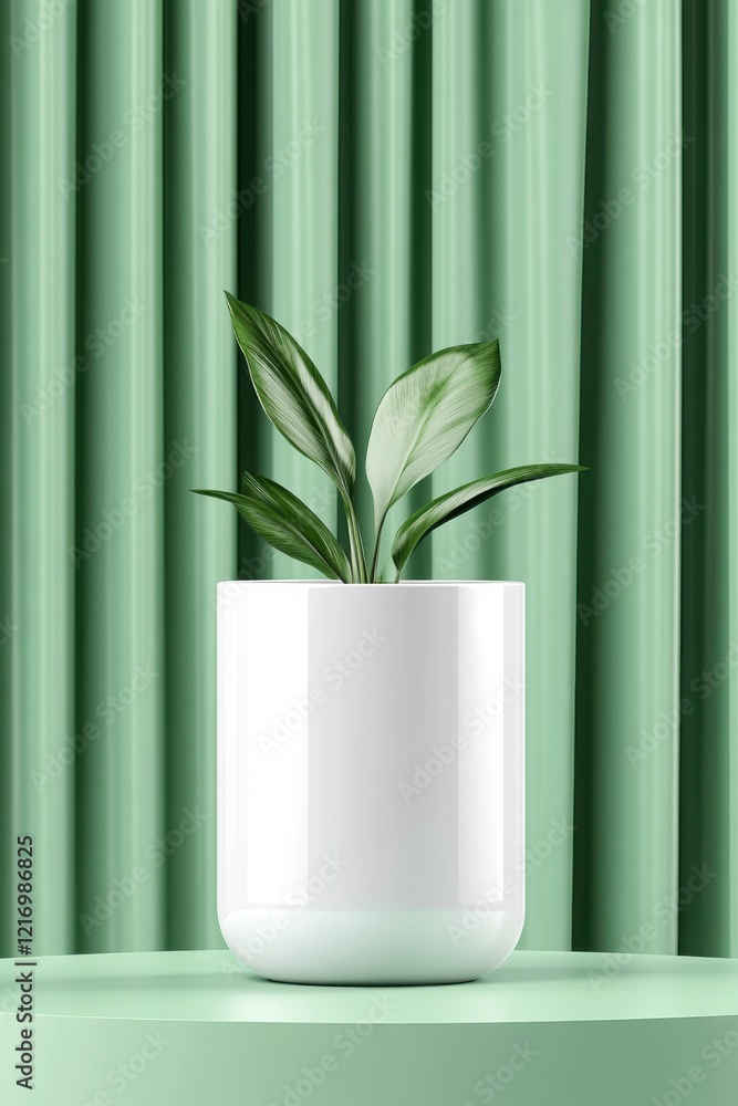 A minimalist white planter with green leaves rests on a green podium, set against a backdrop of satin wave curtains, creating an elegant and serene atmosphere. A minimalist white planter with green leaves rests on a green podium, set against a backdrop of satin wave curtains, creating an elegant and serene atmosphere.