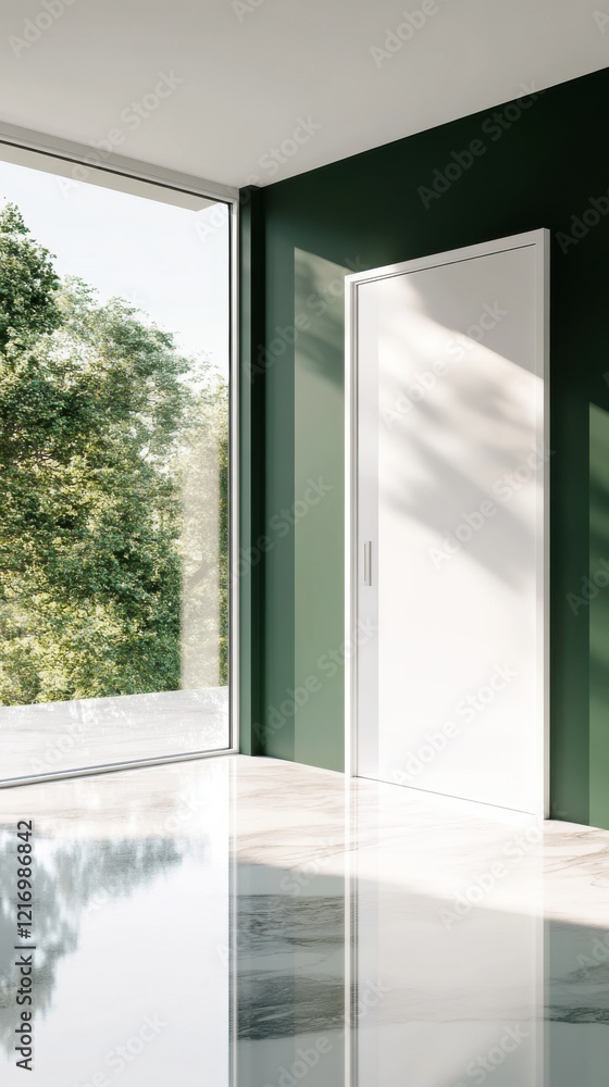 Obraz premium A minimalist interior with a sleek white door and floor-to-ceiling window showcasing a lush green view. Natural light pours in, enhancing the serene ambiance.