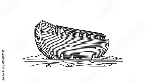 biblical Noah's Ark on dry land black and white line art drawing