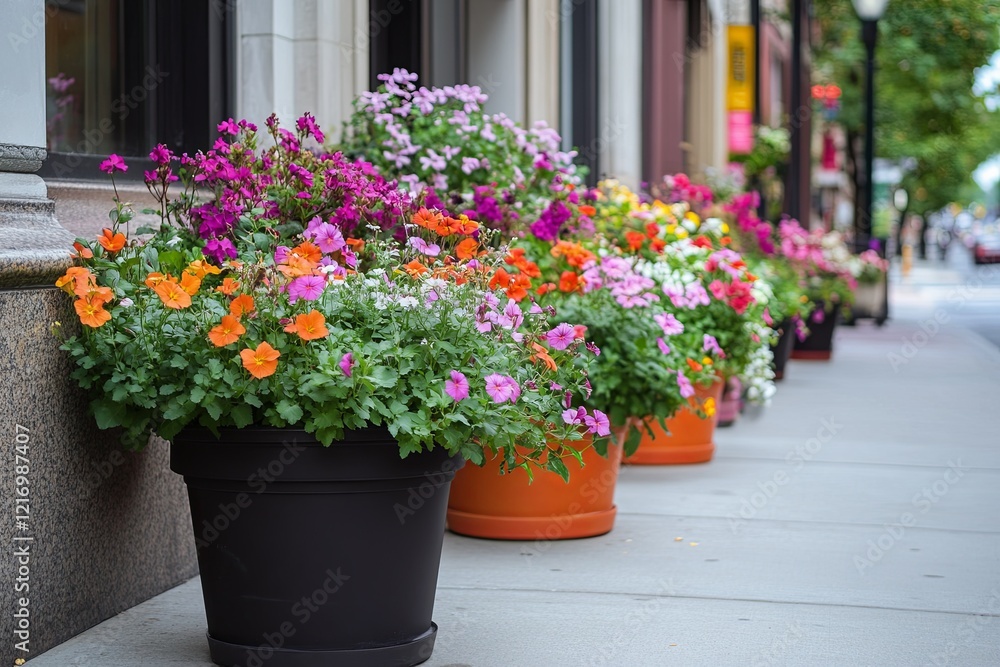 A row of clean city planters filled with blooming flowers on a neutral sidewalk. picture A row of clean city planters filled with blooming flowers on a neutral sidewalk. picture