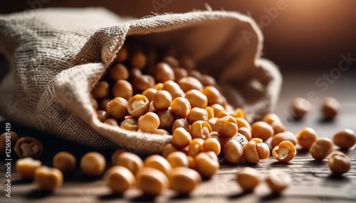 Chickpeas in linen bag. Close up. 