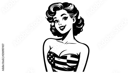 vintage pin-up style illustration of a woman with american flag outfit