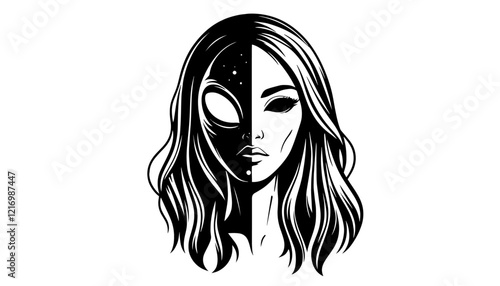 surreal illustration of a split human and alien female face