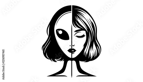 surreal illustration of a half human half alien face in black and white