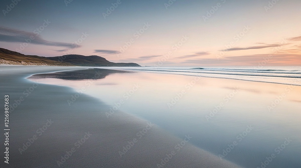 Fototapeta premium Vast empty beach at sunrise with gentle waves reflecting soft pastel hues in a serene coastal landscape