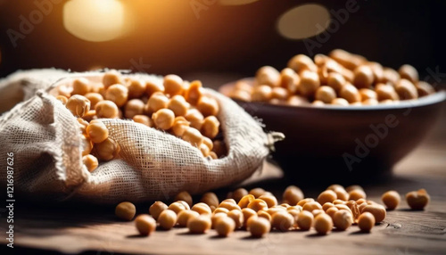 Chickpeas in linen bag. Close up. 