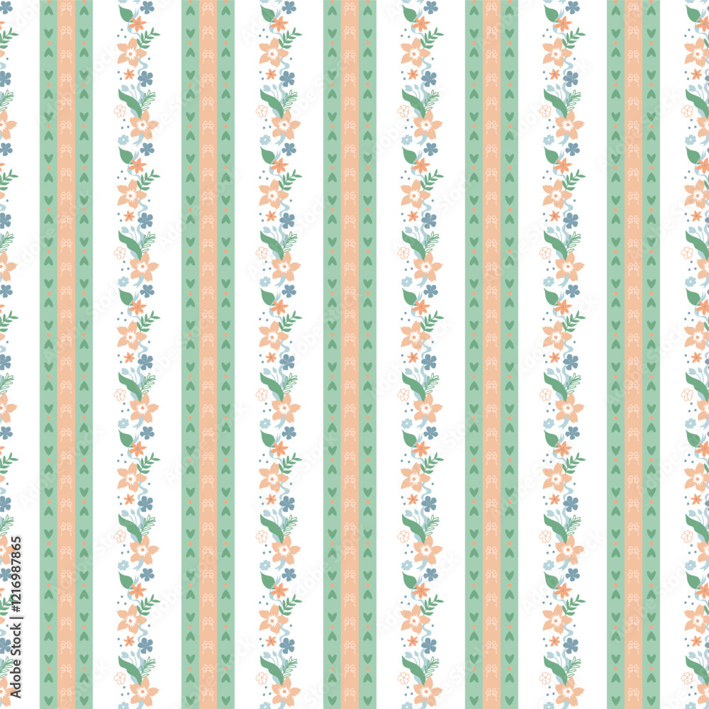 Floral preppy seamless pattern decorated coquette vertical stripes, tiny flowers, ribbon, bows. Retro grandmillennial wallpaper, soft pink and green cute cottagecore print. Vector repeat background.