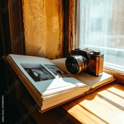 Vintage Camera on a Windowsill with an Open Photobook in Warm Light photo